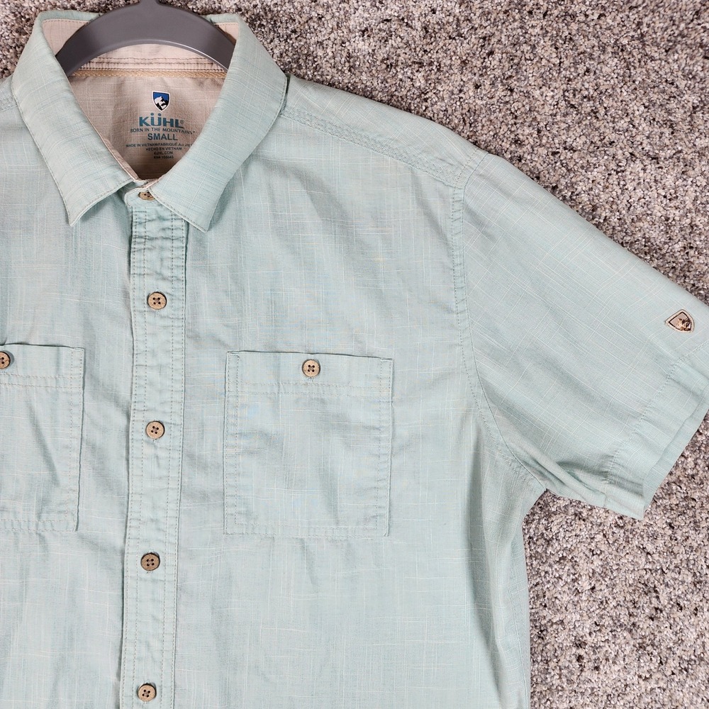Kuhl Button Down Shirt Mens Small Short Sleeve Mint Green Slub Texture Excellent